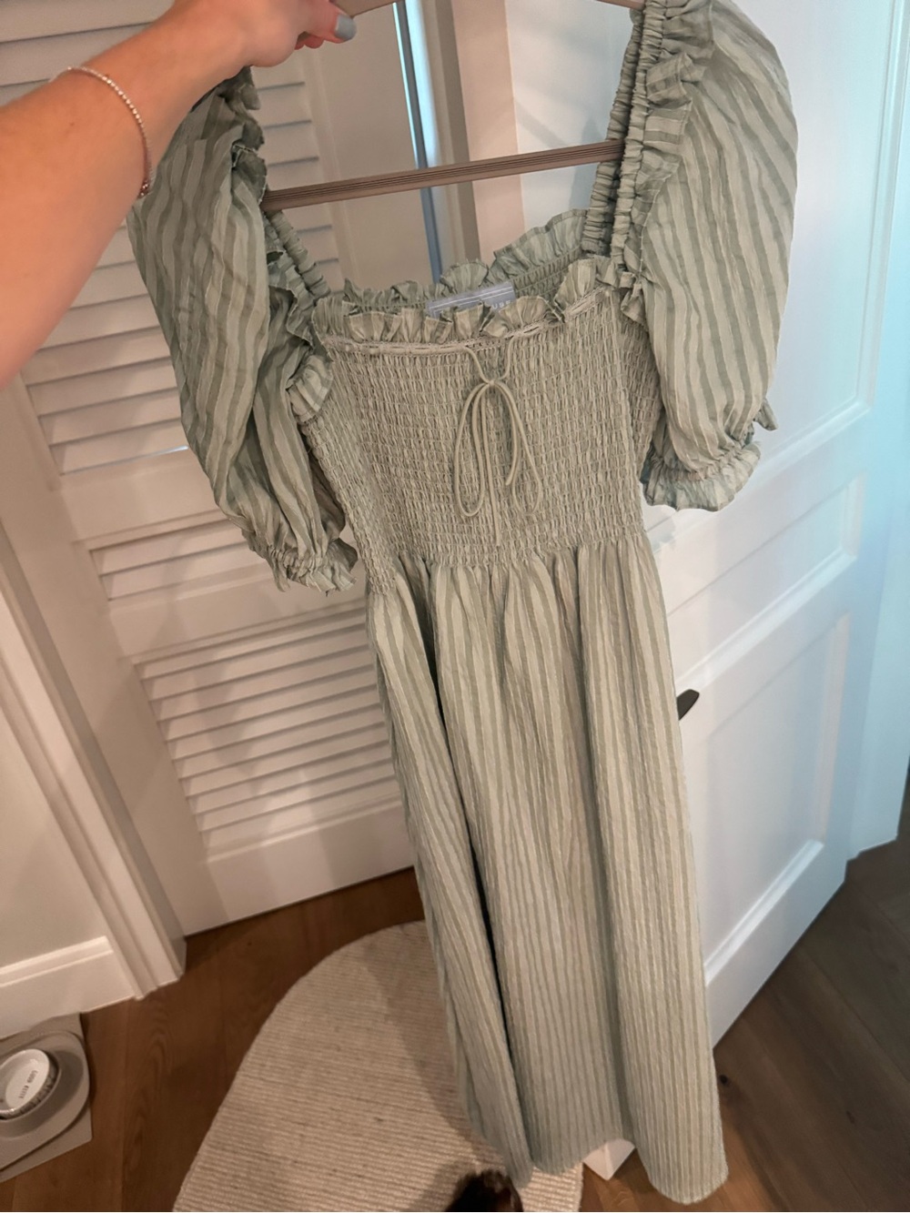 Smocked Sage Green Midi Dress with Puff Sleeves - Picture 3 of 7